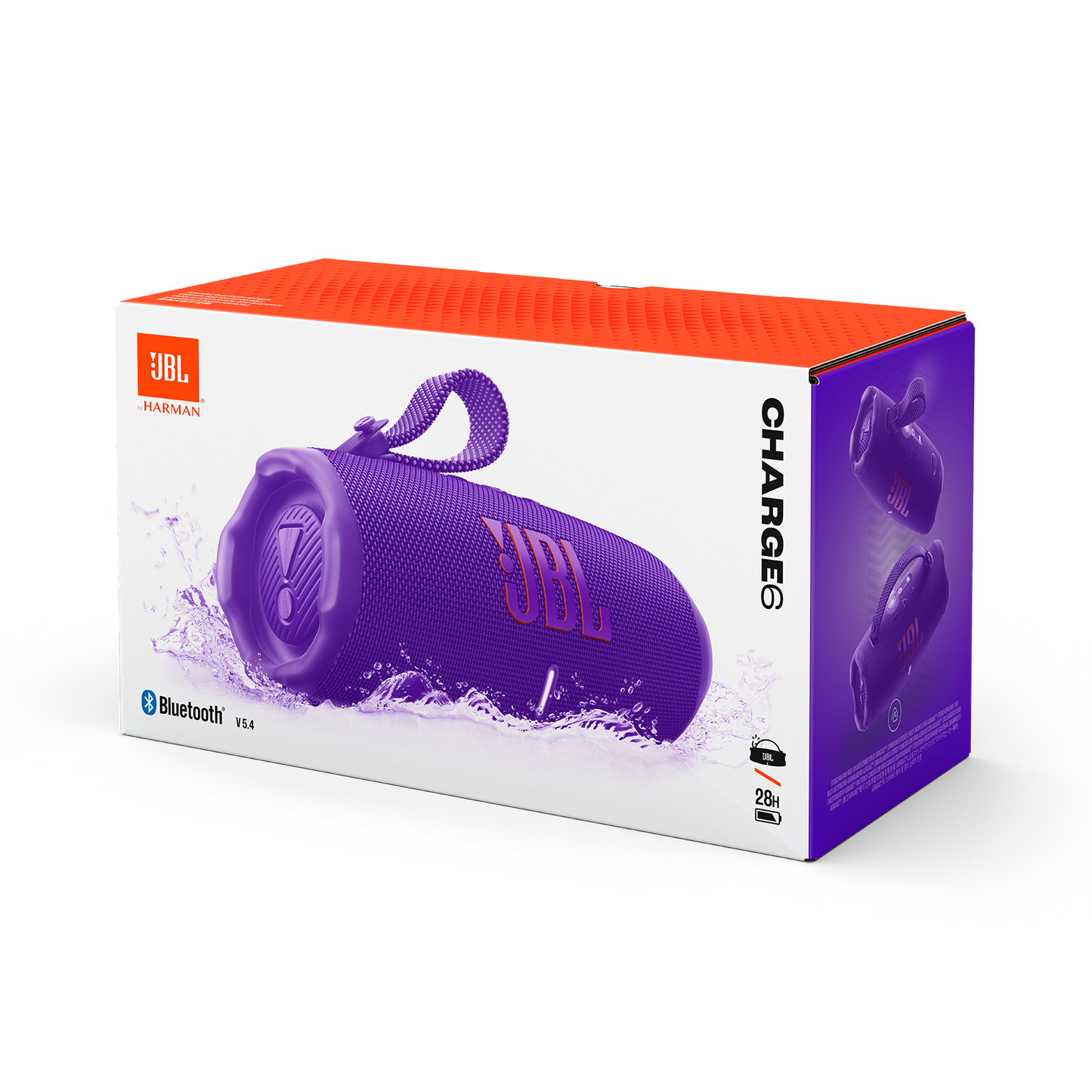 JBL Charge 6 - سماعة بلوتوث محمولة مقاومة للماء والسقوط مع بنك طاقة مدمج، واتصال متعدد السماعات عبر Auracast، ووقت تشغيل يصل إلى 28 ساعة، وشحن سريع، وصوت قوي - أرجواني