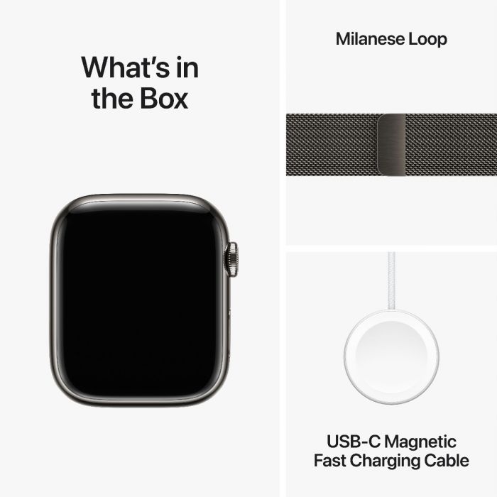 Apple Watch Series 9, 41mm, Black Stainless Steel Case, with Milanese Loop Band, Cellular Model.