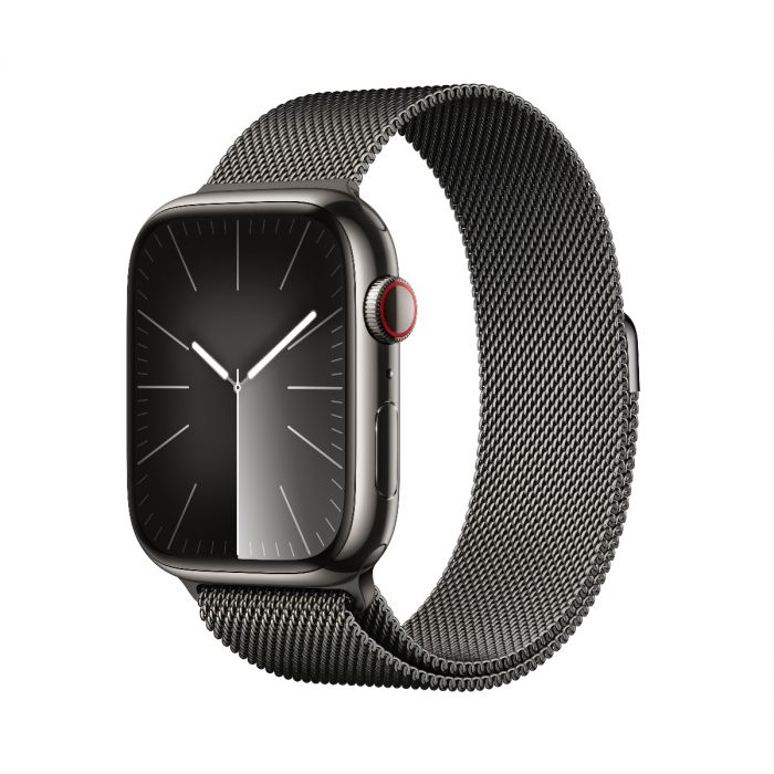Apple Watch Series 9, 41mm, Black Stainless Steel Case, with Milanese Loop Band, Cellular Model.