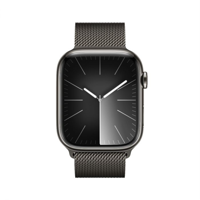 Apple Watch Series 9, 41mm, Black Stainless Steel Case, with Milanese Loop Band, Cellular Model.