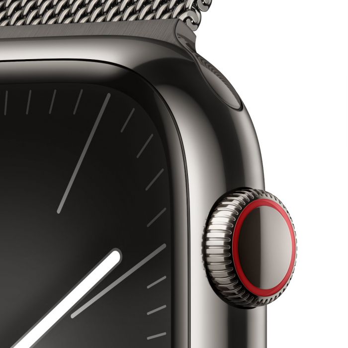 Apple Watch Series 9, 41mm, Black Stainless Steel Case, with Milanese Loop Band, Cellular Model.