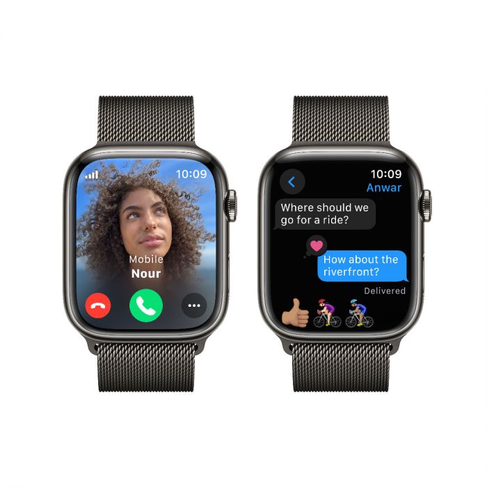 Apple Watch Series 9, 41mm, Black Stainless Steel Case, with Milanese Loop Band, Cellular Model.