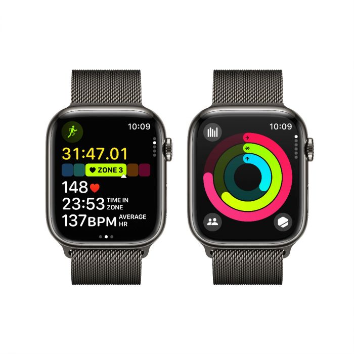 Apple Watch Series 9, 41mm, Black Stainless Steel Case, with Milanese Loop Band, Cellular Model.