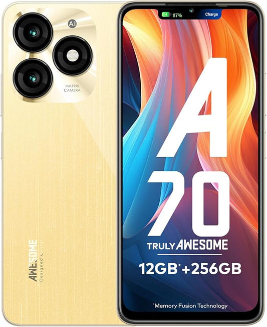 itel A70 (4GB RAM, 256GB ROM) upto 12GB RAM with Memory Fusion | 13MP Dual Rear Camera & 8MP Front Camera | 5000mAh with Type-C | Dynamic Bar | Side Fingerprint | Octa-Core Processor | Brilliant Gold