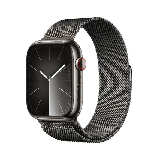 Apple Watch Series 9, 41mm, Black Stainless Steel Case, with Milanese Loop Band, Cellular Model.