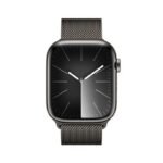 Apple Watch Series 9, 41mm, Black Stainless Steel Case, with Milanese Loop Band, Cellular Model.