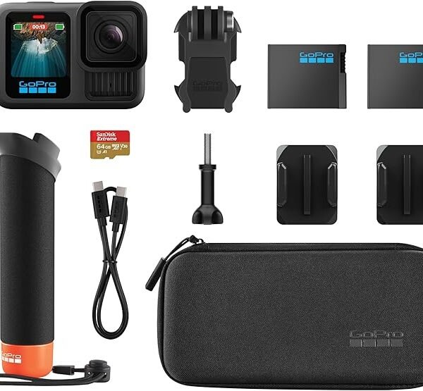 GoPro HERO13 Black Accessory Bundle – Waterproof 5.3K Action Camera with The Handler, 2 Enduro Batteries, 64GB MicroSD, Mounts & Carry Case