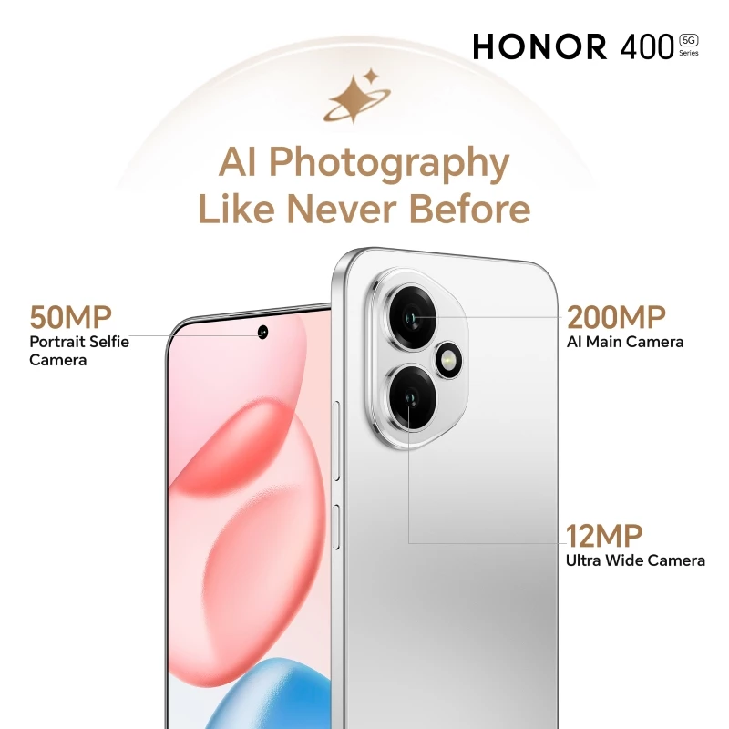 slvr Honor 400 5G Dual SIM Meteor Silver 12GB RAM 256GB with Free HONOR CHOICE S7 Earbuds & Louvre Case - Middle East Version - Image 3